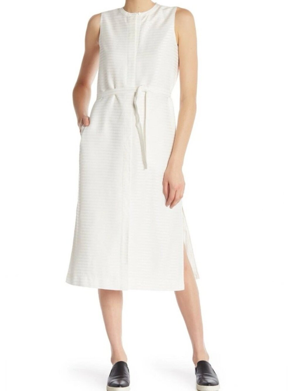 THEORY Stripe Midi Shirt Dress Size 4 Tie Waist Sleeveless Lined Off-White